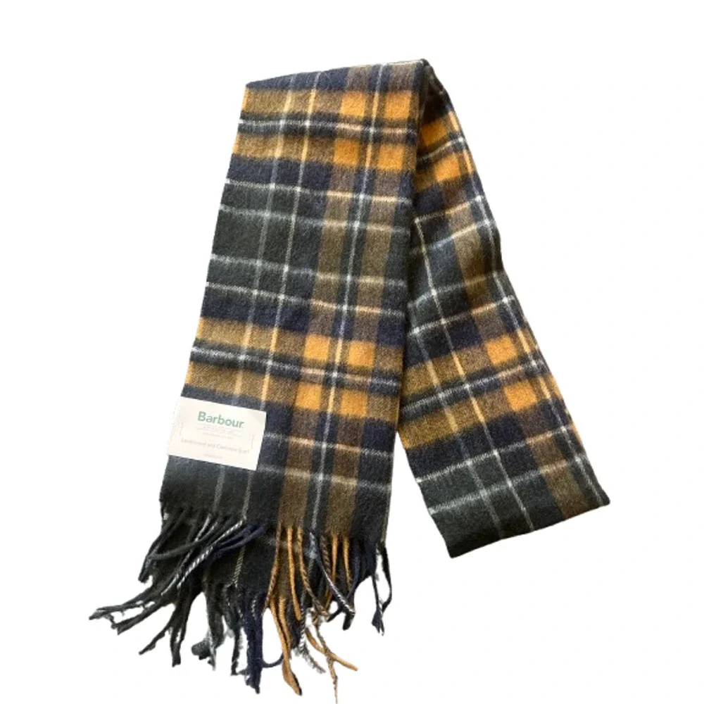 NWT Barbour Check Tartan Plaid Unisex Lambswool Cashmere Blend Fringe Wrap Scarf